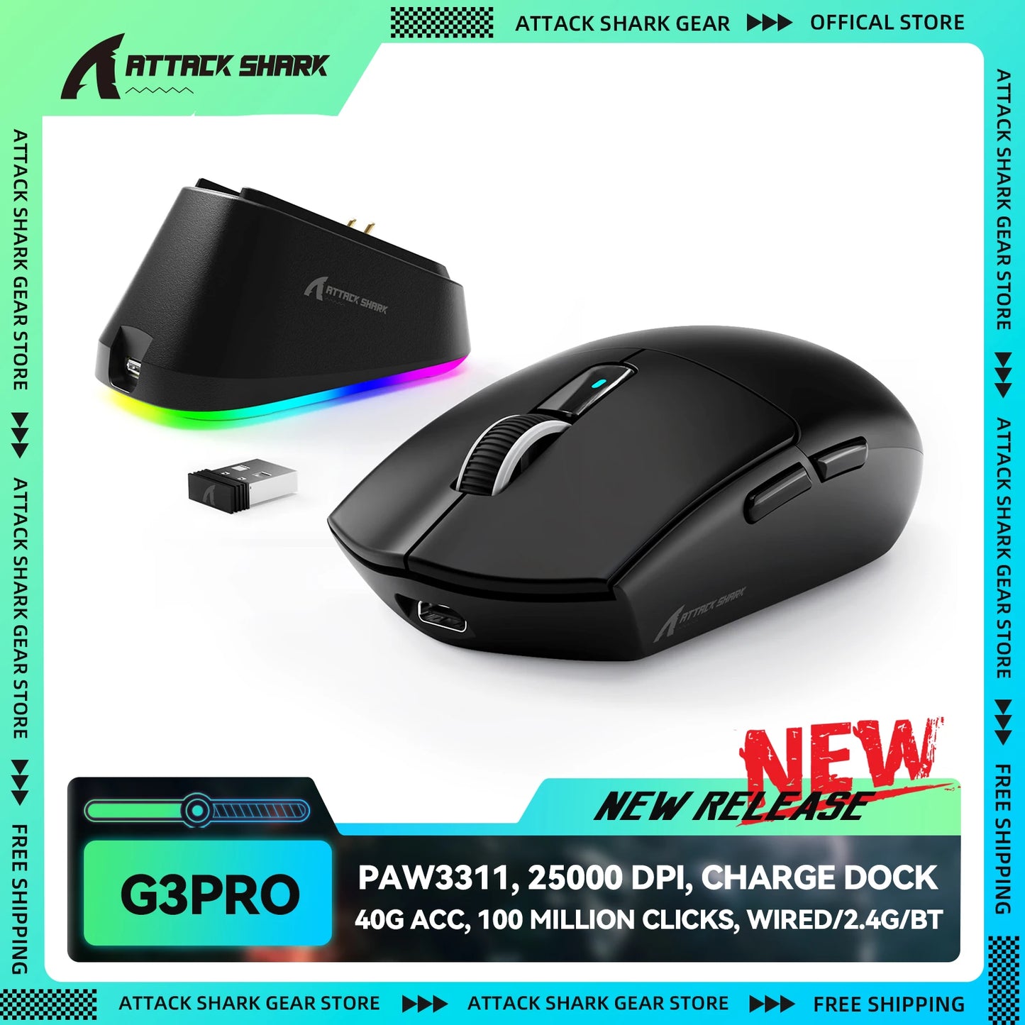 ATTACK SHARK G3PRO Tri-Mode Wireless Gaming Mouse with Charging Dock, 25000 DPI Ultra Lightweight Gaming Mouse, PAW3311 Sensor, Bluetooth & 2.4GHz