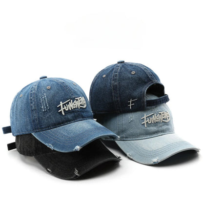 Cappellino da uomo in denim lavato stile retrò giapponese con lettere ricamate, per sport all’aperto, viaggi e protezione dal sole, cappellino da baseball classico, versatile e comodo