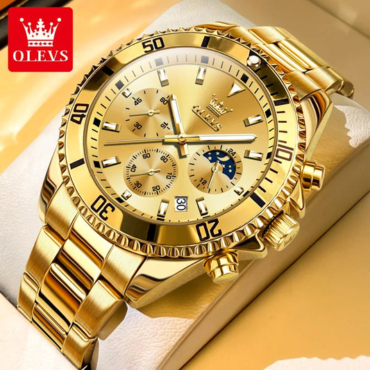 Reloj OLEVS para hombre, marca de alta gama, lujo, dorado, de cuarzo, estilo militar, resistente al agua, con fecha, luminoso, de acero inoxidable, cronógrafo