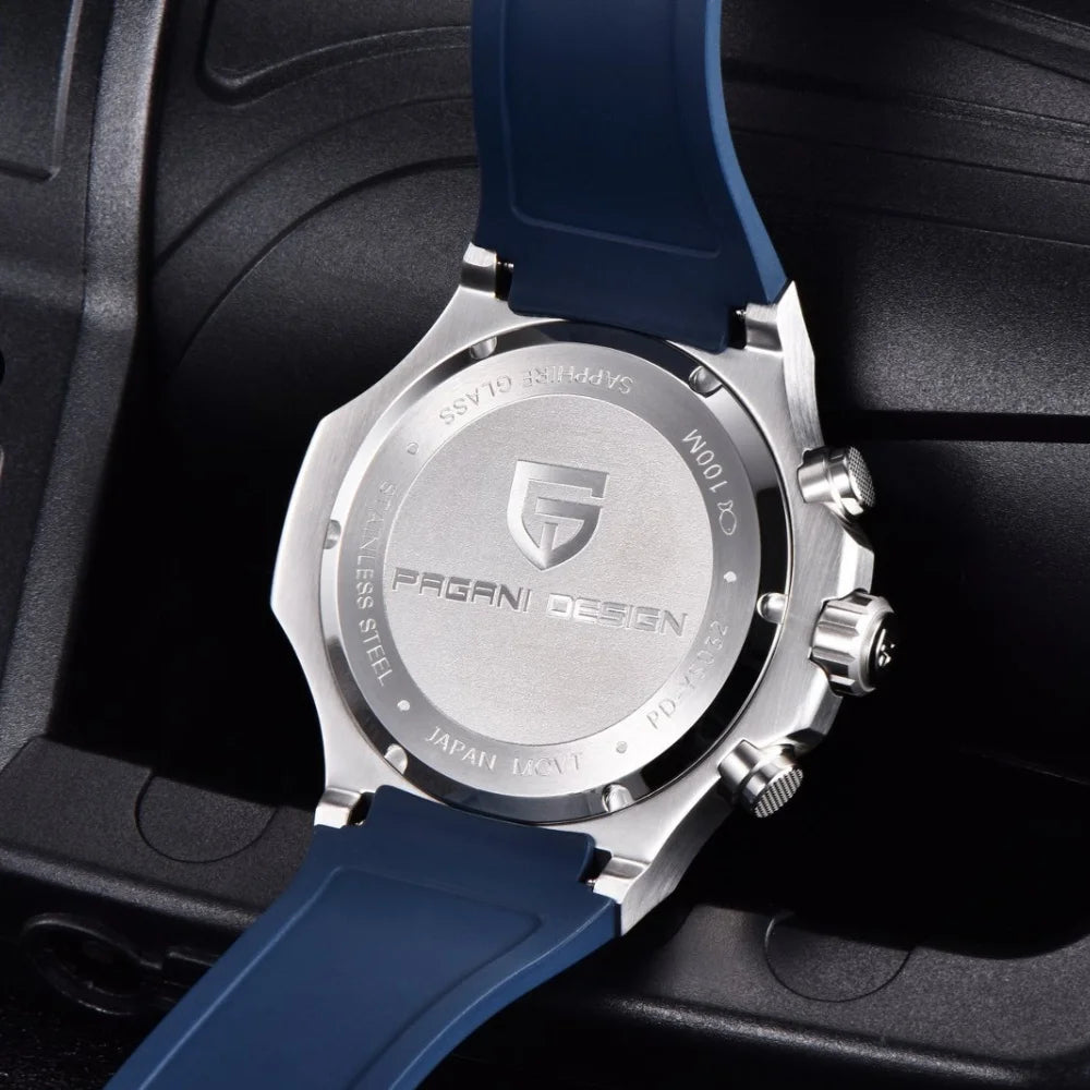 PAGANI DESIGN PD-YS032 Men's Quartz Watch 44mm Japan VK64 Movt Stainless Steel Case Rubber Strap Sapphire Glass 100M Waterproof