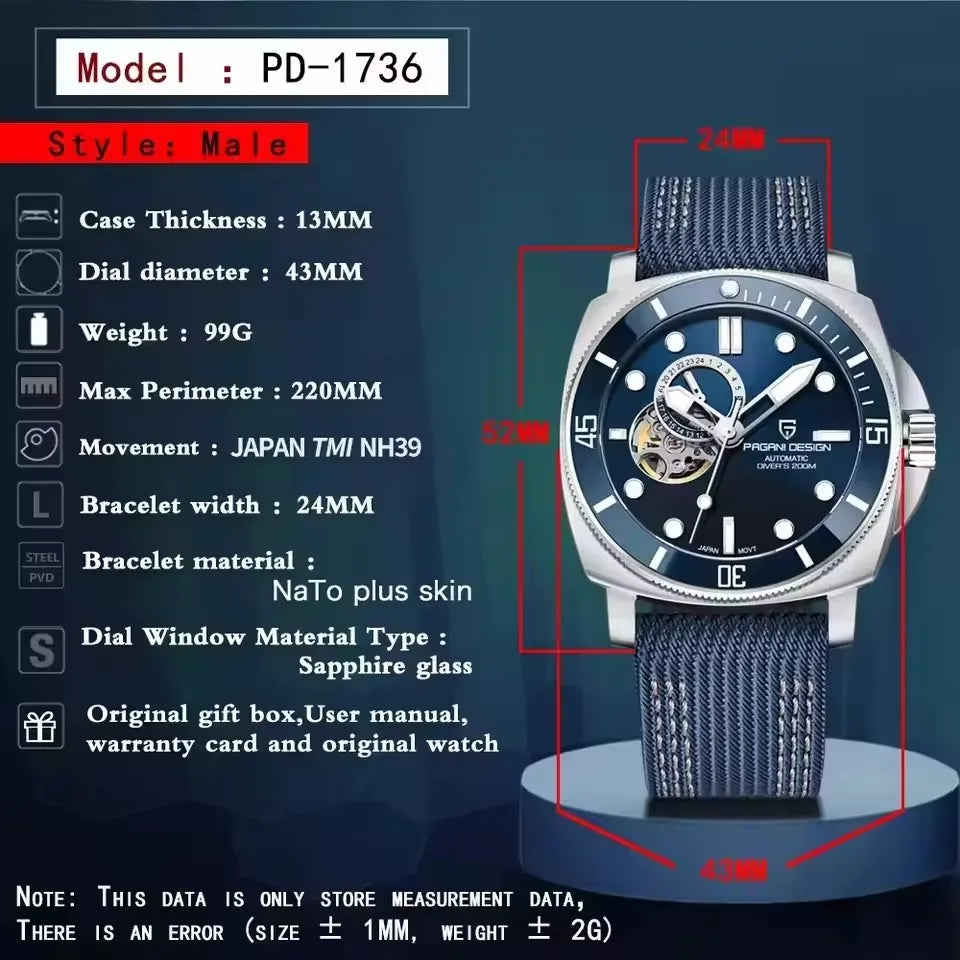 PD1736 PAGANI DESIGN 2025 Men Automatic Mechanical Watches Casual Fashion Sapphire Stainless Steel Diving TMI NH39 Reloj Hombre