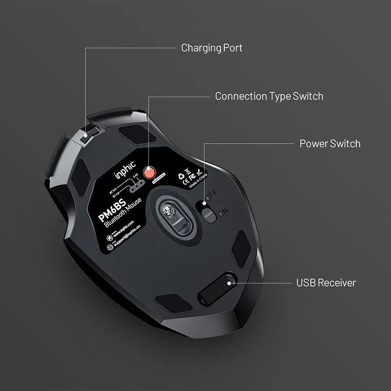 INPHIC PM6BS Wireless Mouse, Tri-Mode Bluetooth 5.0 Ergonomic Rechargeable Mouse with 6 Buttons for Laptop, Mac & PC