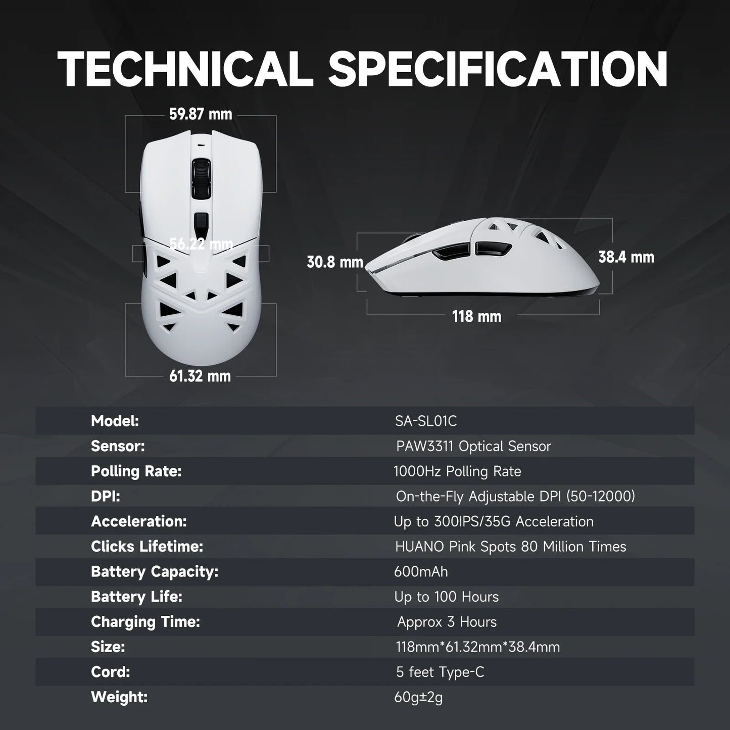 RAWM SL01C Wireless Lightweight Gaming Mouse Tri-Mode Bluetooth PAW3311 RGB Gaming Mouse for PC, Laptop & Office