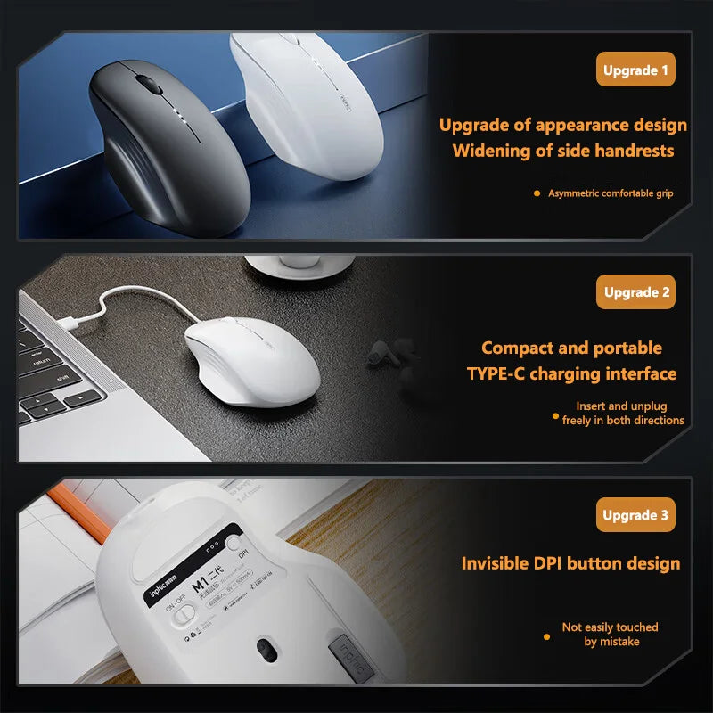 Inphic M1 2.4G Wireless Mouse Type-C Rechargeable Silent Ergonomic Mouse with Battery Level Display, Adjustable DPI Wireless Office Mouse for Laptop & PC