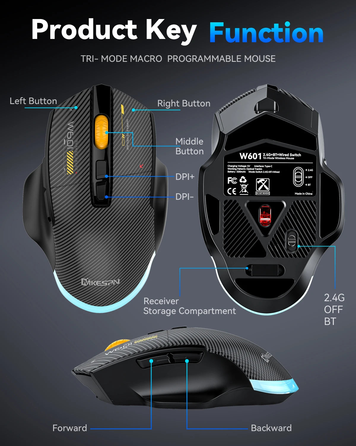 12800DPI Tri-Mode Wireless Gaming Mouse with Bluetooth, 2.4G & Wired Connection, Macro Programming, Carbon Fiber Design, 7 Keys Rechargeable Mouse