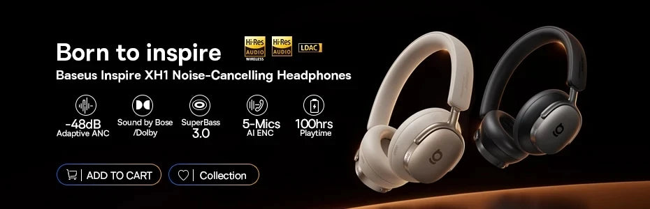 Baseus Bass EH10 NC Noise Cancelling Wireless Headphones Bluetooth 6.0 Over Ear Headset with 45dB ANC, 80H Battery, Hi-Res Audio & AI Calls
