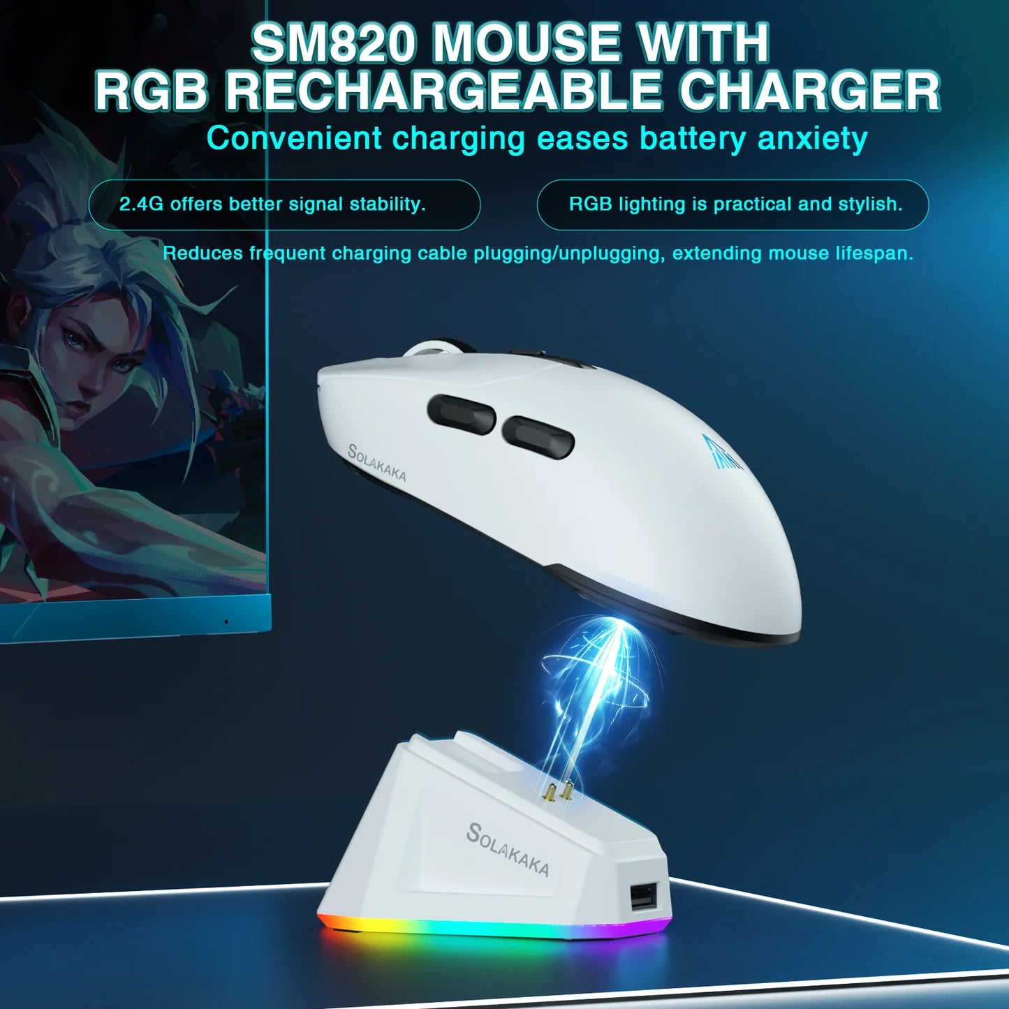 Rato Gaming Sem Fios SOLAKAKA SM820 Tri-mode Ultra-Leve, Dock Magnético Recarregável, RGB, PAW3311, 24000DPI, Macro Sem Fios