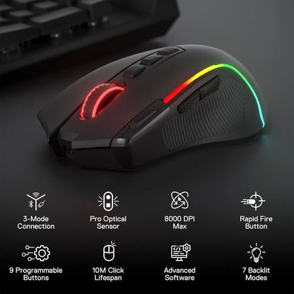 Redragon M612 PRO BT & 2.4RGB gamingmus, 8000 DPI trådbunden/trådlös optisk gamermus med 11 programmerbara knappar och 6 bakgrundsbelysta lägen