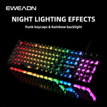 EWEADN GX330 Typewriter Gaming Keyboard 104 Keys Wired Retro Keyboard with RGB Backlit, Round Keycaps, USB Mechanical Style Keyboard for PC & Laptop