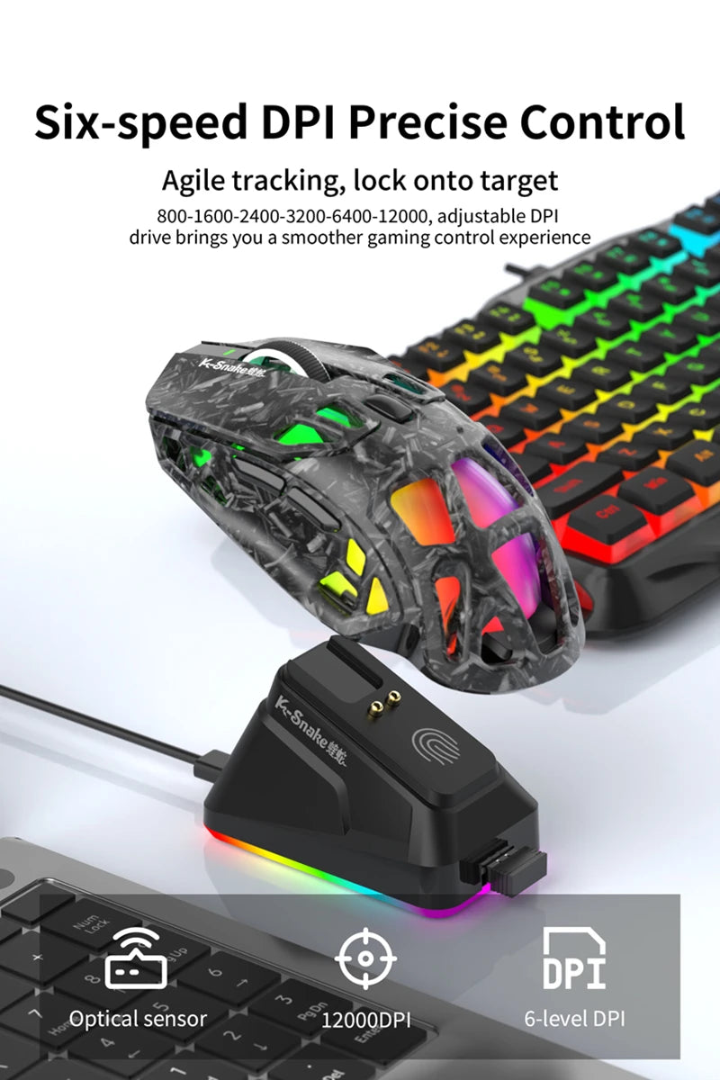 Lahka gaming miška Lenovo Tri-Mode z RGB polnilno postajo, 12000DPI, 2.4G/Bluetooth/žično, ergonomska miška za PC in prenosnik