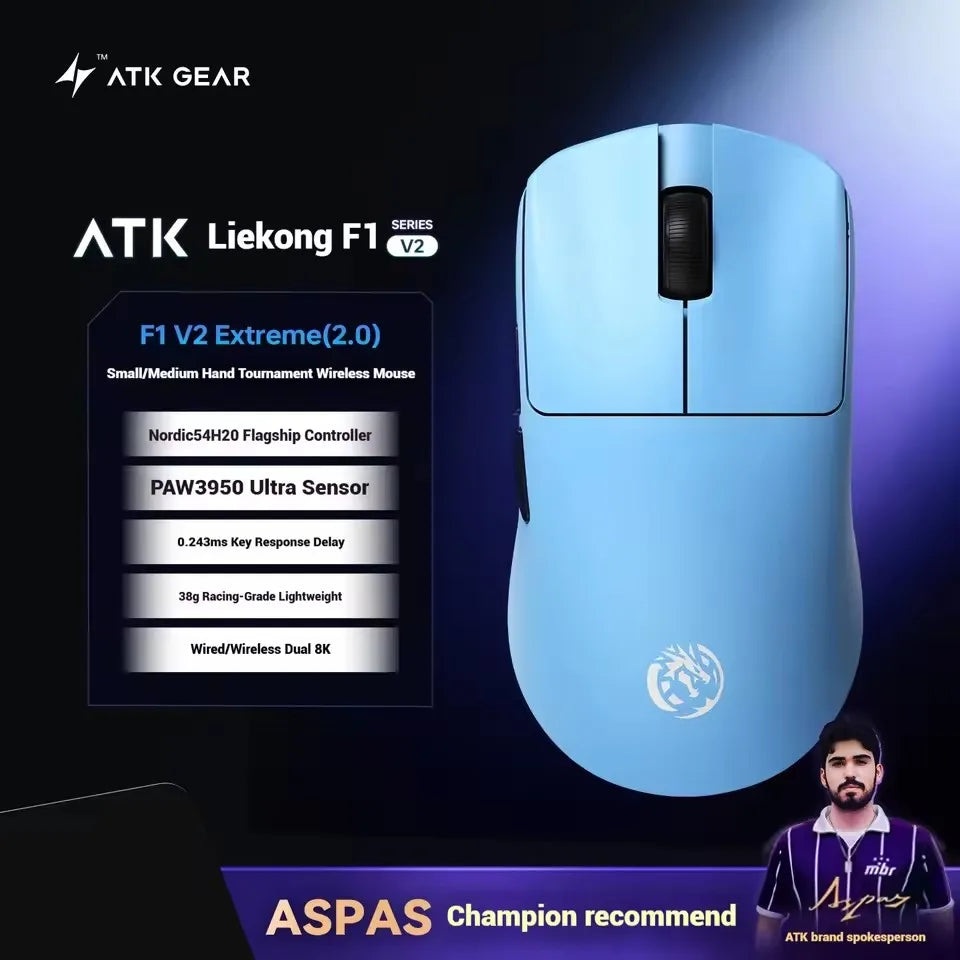 ATK Blazing Sky F1 V2 Ultimate Wireless Gaming Mouse, Dual-Mode Lightweight Gaming Mouse with PAW3950 Sensor, Dual 8KHz Polling Rate, Low Latency Ergonomic Gaming Mouse