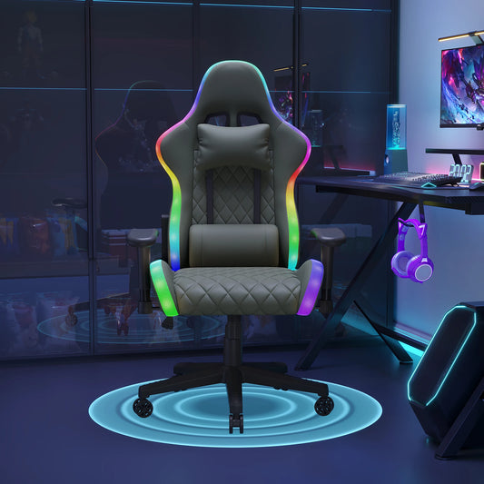 Ergonomic Gaming Chair with Massage Function, RGB LED, 90-135 Degree Recline,Up to 130kg,Office Chair, Premium Leather,Black