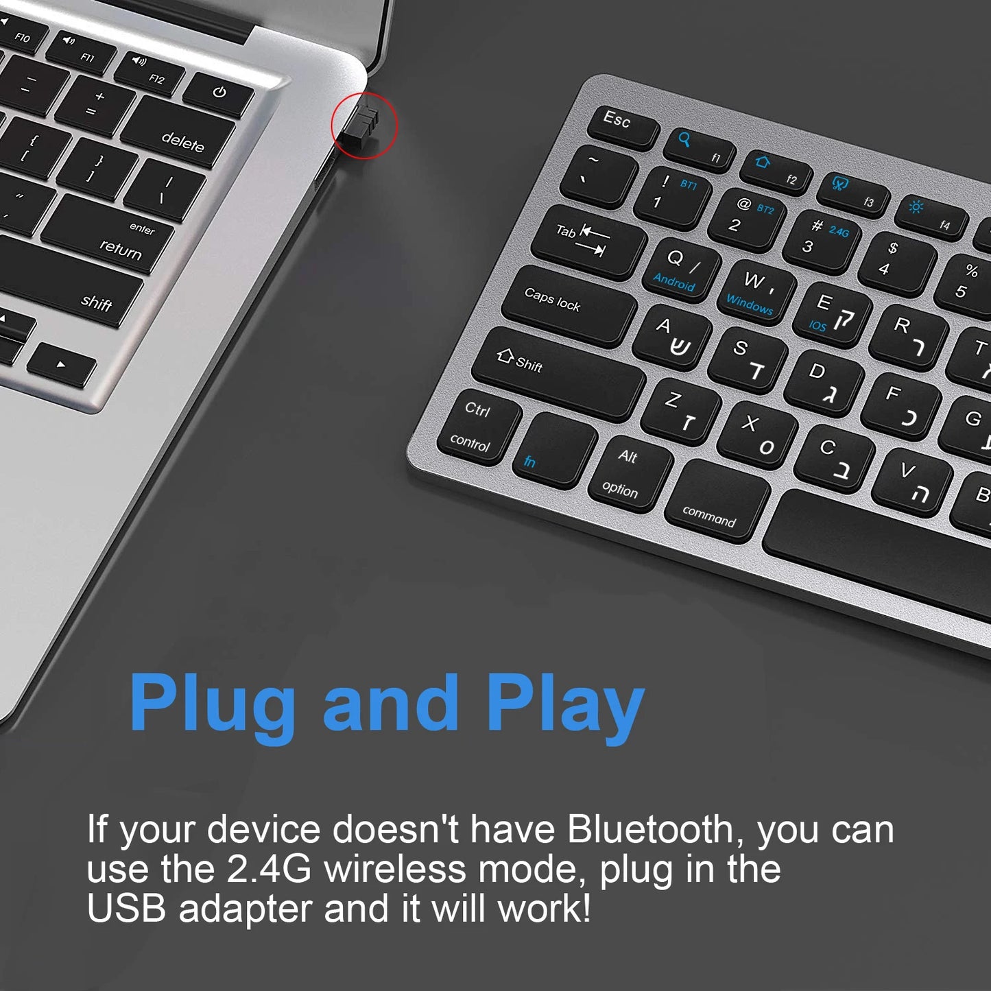 Ultraflache hebräische Bluetooth- & 2.4G-Dual-Mode-Tastatur, kabellose Israel-Tastatur mit geringer Geräuschentwicklung für iOS, iPad, Android-Tablets und Windows
