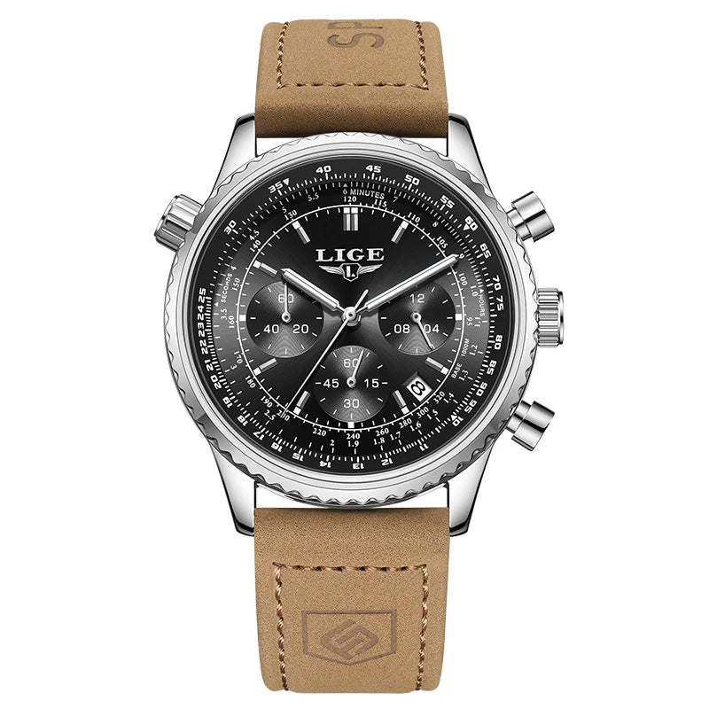 LIGE luxury men’s watch – Chronograph with date, stainless steel, water-resistant, luminescent, sporty and military style, men’s quartz watch