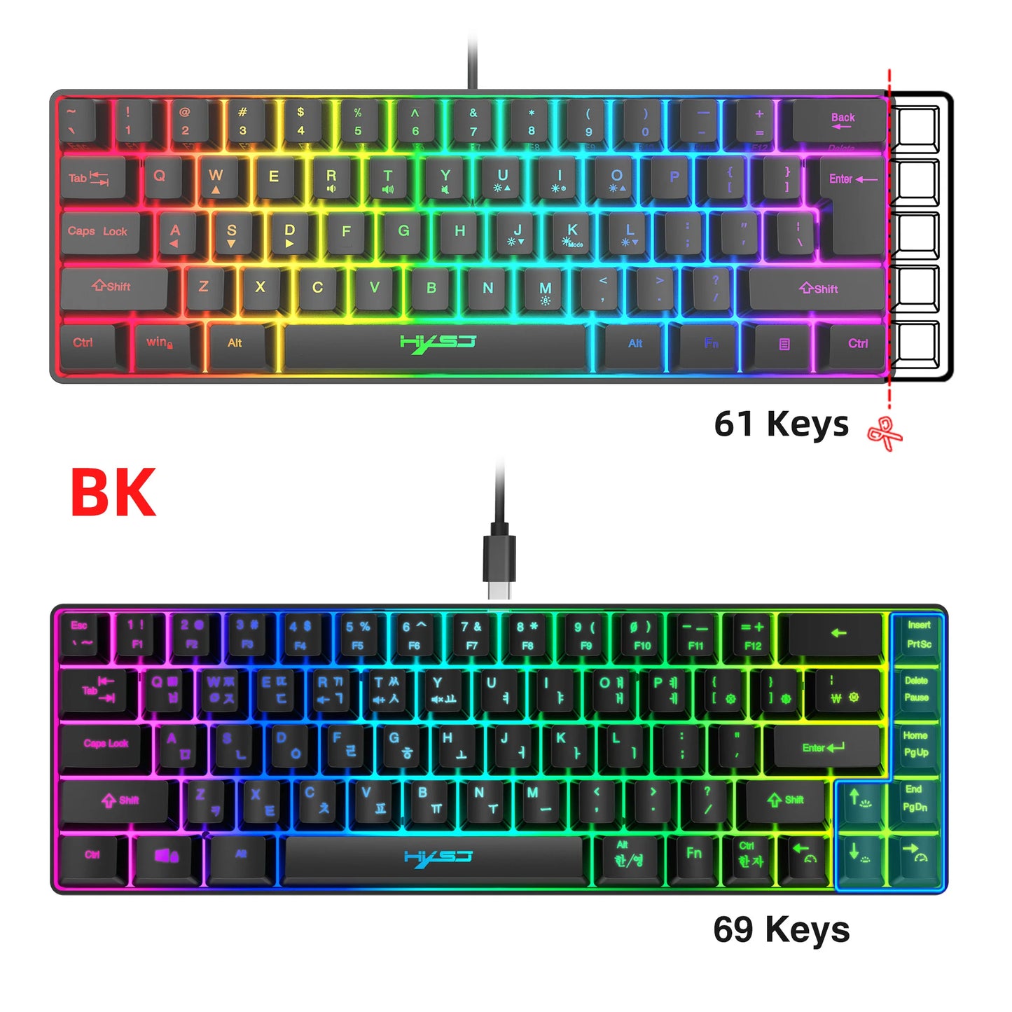 68-Tasten-Gaming-Tastatur, USB-kabelgebunden, tragbar, 20 RGB-Hintergrundbeleuchtungen, koreanische Tastatur für Windows-Laptops und Computer