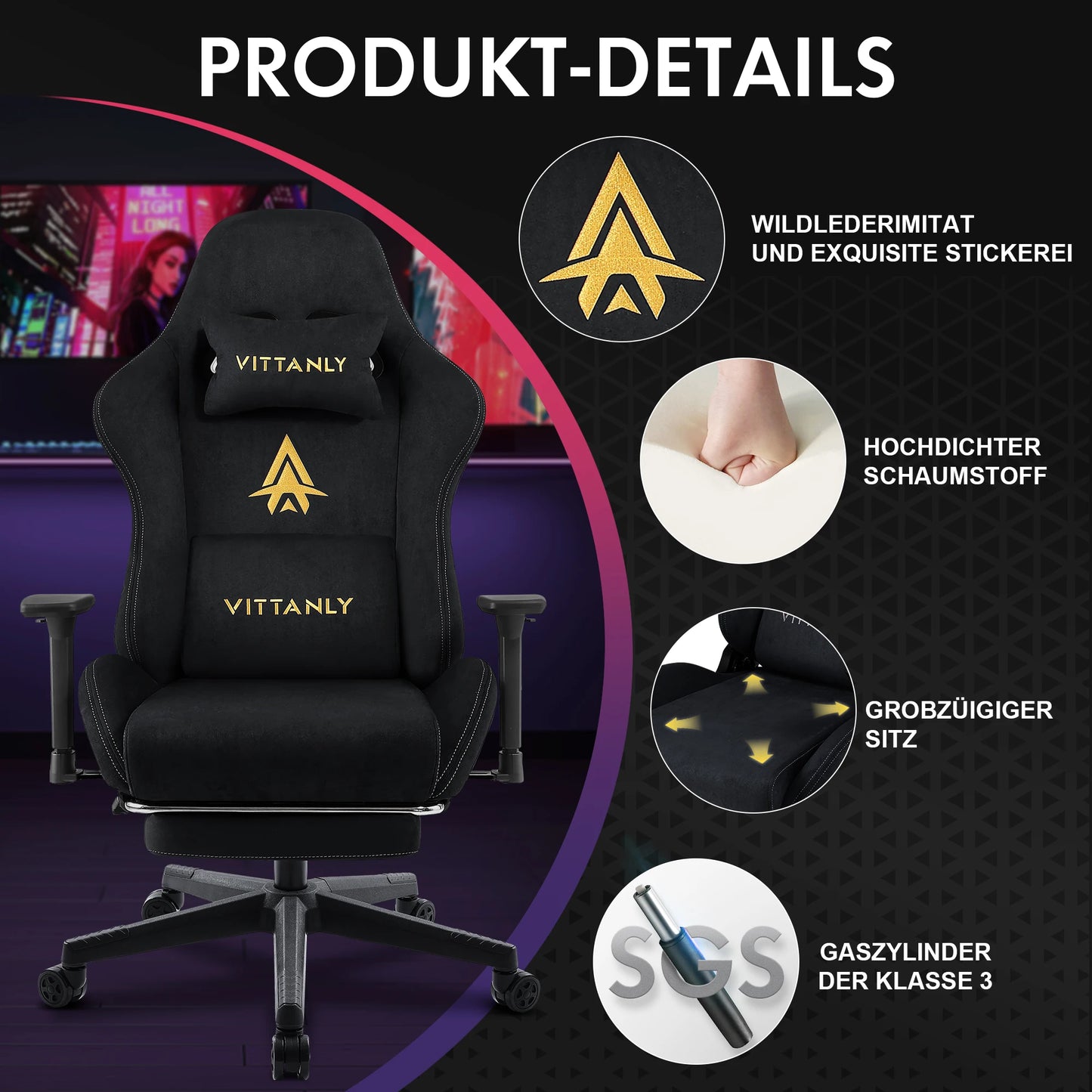 Kitinjoy Natural Suede Gaming Chair High Back Ergonomic Computer Chair with Footrest, Reclining Office Chair, Adjustable Swivel Gaming Seat