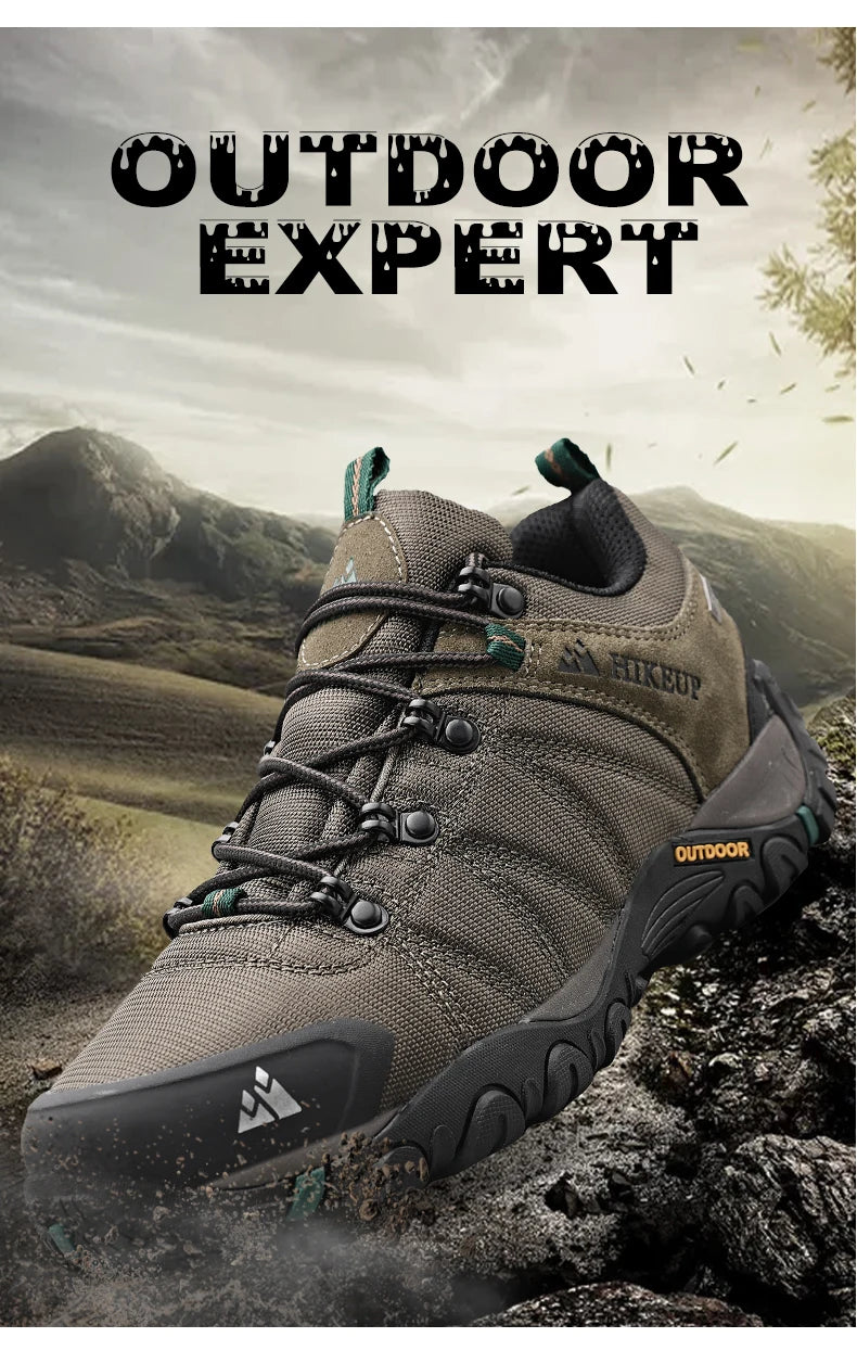 HIKEUP Four-Season Men's Hiking Shoes Outdoor Sports Genuine Leather Wear-Resistant Climbing Shoes Rubber Sole Trekking Sneaker