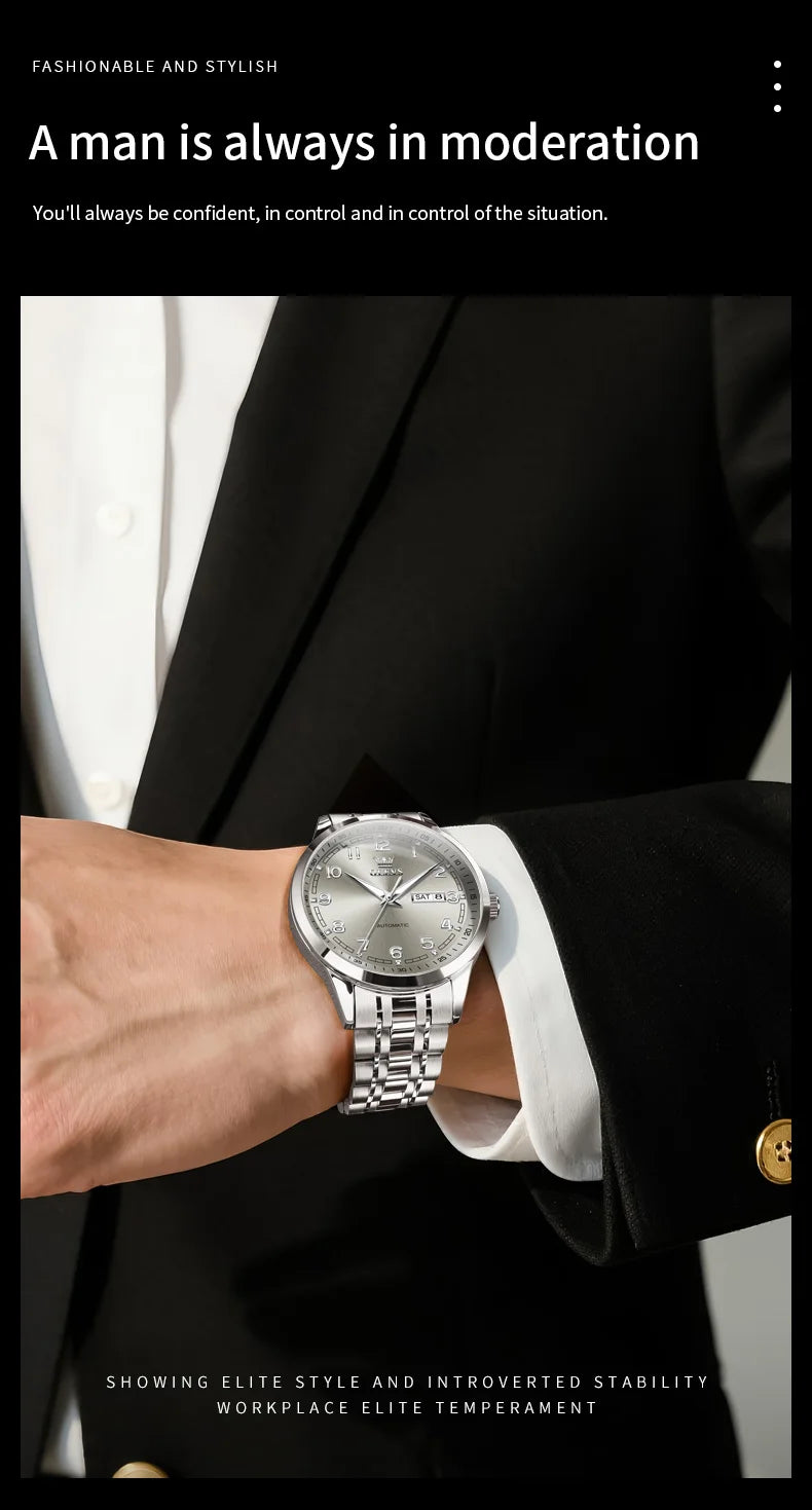 OLEVS Original Men's Fully Automatic Mechanical Watch Stainless Steel Calendar Week Men's Luminous Waterproof Business Watch