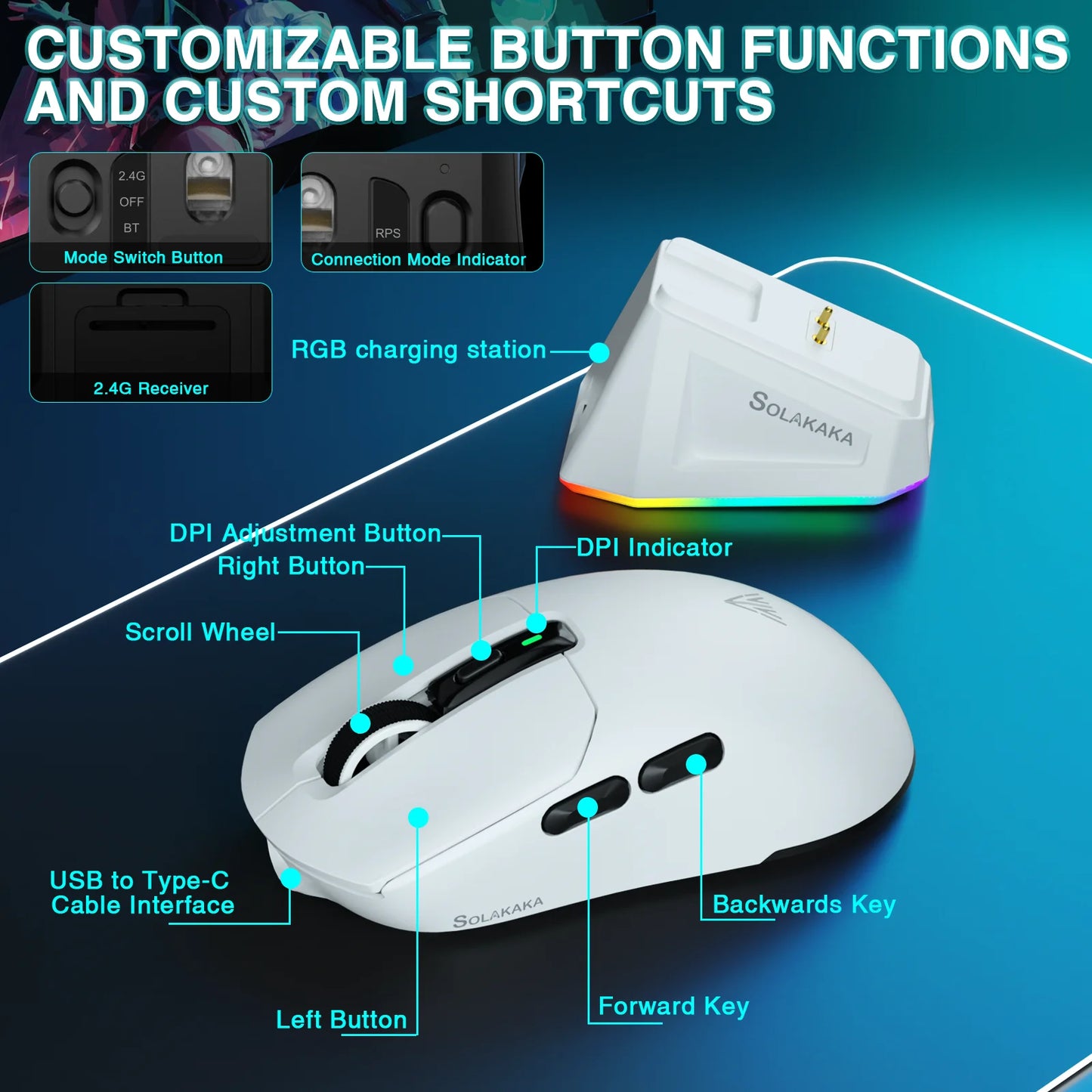 Rato Gaming Sem Fios SOLAKAKA SM820 Tri-mode Ultra-Leve, Dock Magnético Recarregável, RGB, PAW3311, 24000DPI, Macro Sem Fios