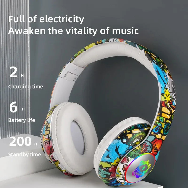 Auriculares gaming Bluetooth inalámbricos New Graffiti LX-8686 con micrófono, luz LED, compatibilidad con tarjeta TF, graves profundos y diseño circumaural para PC, gaming y niños
