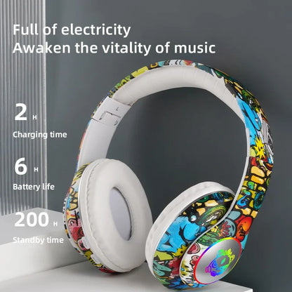 Auriculares gaming Bluetooth inalámbricos New Graffiti LX-8686 con micrófono, luz LED, compatibilidad con tarjeta TF, graves profundos y diseño circumaural para PC, gaming y niños
