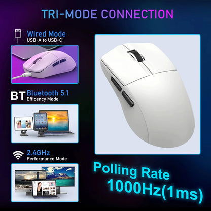E-YOOSO portabel ultralätt mus, trådbunden mus med tri-mode 2.4G/BT/USB-C, uppladdningsbar datormus för laptop/PC/Mac
