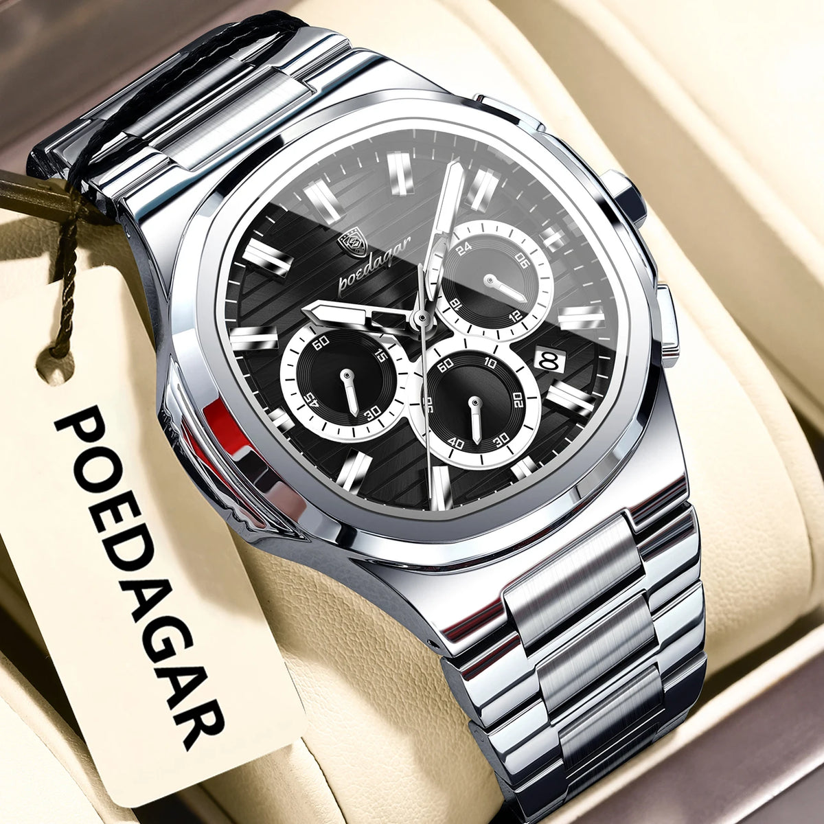 Montre-bracelet homme d'affaires POEDAGAR, chronographe avec date, étanche et lumineuse, de luxe, en acier inoxydable et à quartz.