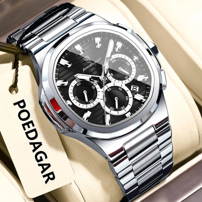 Montre-bracelet homme d'affaires POEDAGAR, chronographe avec date, étanche et lumineuse, de luxe, en acier inoxydable et à quartz.