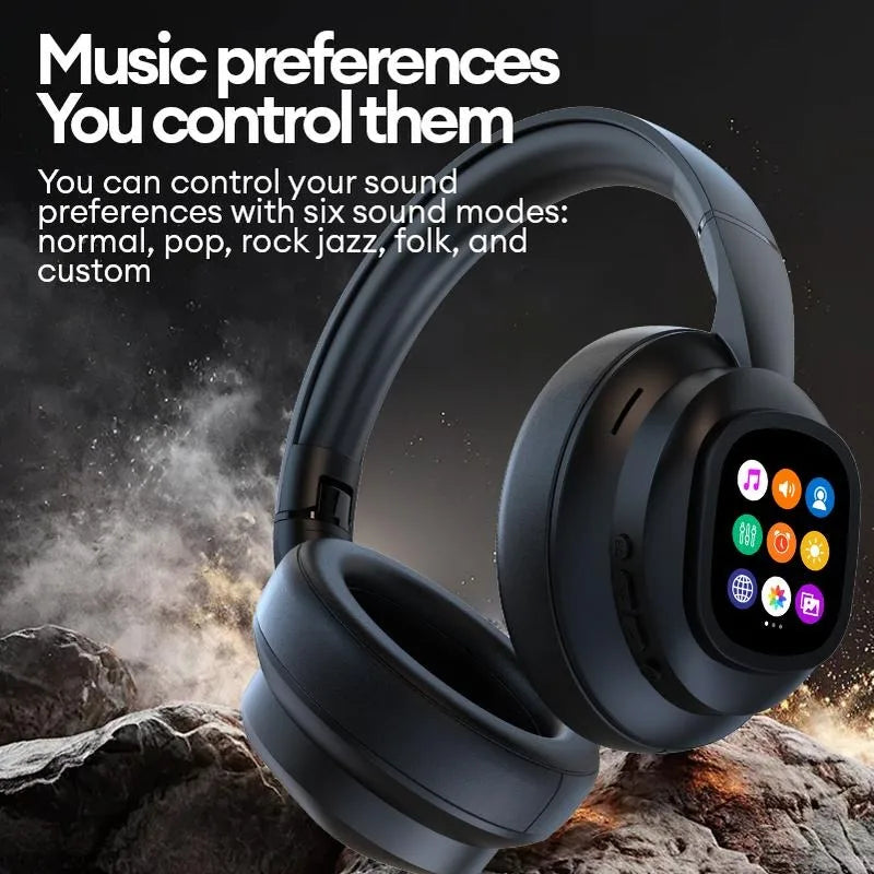 AI LCD Touch Screen Wireless Bluetooth Headphones – ANC Noise Cancelling Deep Bass Gaming Headset with HD Mic