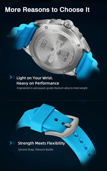 NORTH EDGE TRITON-TI Titanium Stainless Solar-Powered Diving Watch Luxury Quartz Watches For Men 300M Waterproof 180+ Day Power