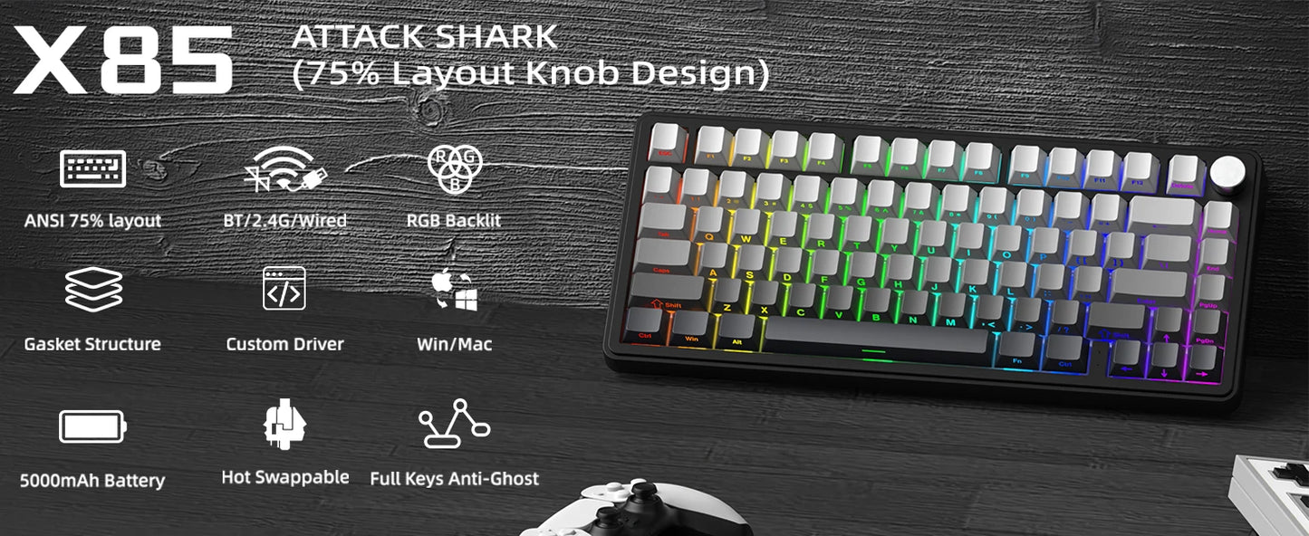 ATTACK SHARK X85 Tri-Mode-Gasket 75% mechanische Tastatur mit CNC-Drehknopf, 5-lagiger Dämpfung, Hot-Swap-Funktion, RGB-Hintergrundbeleuchtung, NKRO