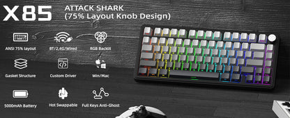 ATTACK SHARK X85 Tri-Mode-Gasket 75% mechanische Tastatur mit CNC-Drehknopf, 5-lagiger Dämpfung, Hot-Swap-Funktion, RGB-Hintergrundbeleuchtung, NKRO