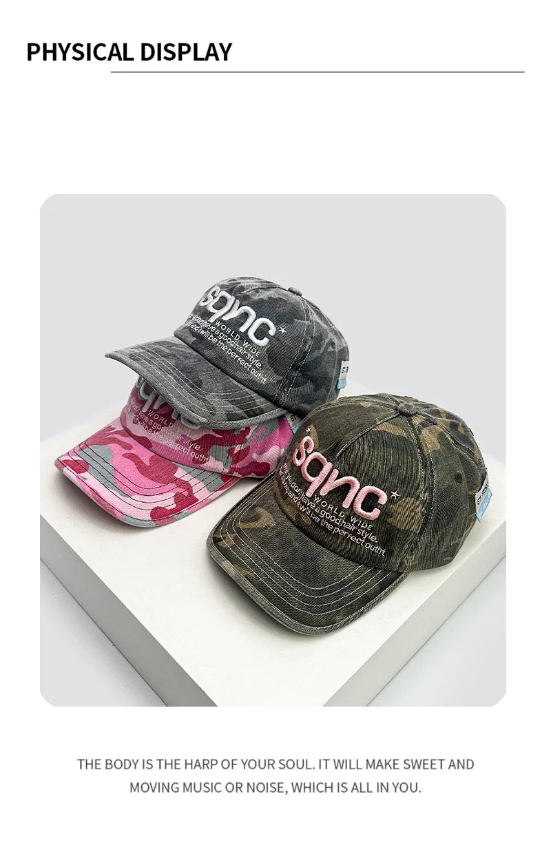 Casquettes de baseball unisexes de style américain, brodées de lettres CAMO, respirantes, style hip-hop, à visière, polyvalentes, tendance