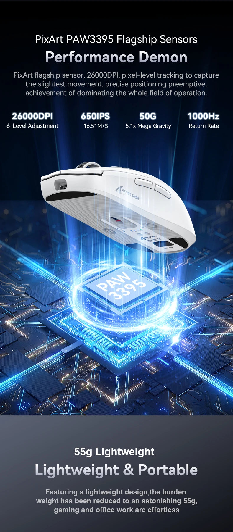 Attack Shark X6 Lightweight Wireless Gaming Mouse, Tri-Mode Bluetooth & 2.4G Gaming Mouse, 26,000 DPI RGB Charging Dock, PAW3395 Sensor