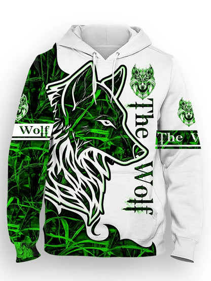 Fashionable men's autumn personalized wolf print soft and comfortable hooded sweatshirt outdoor street style clothing