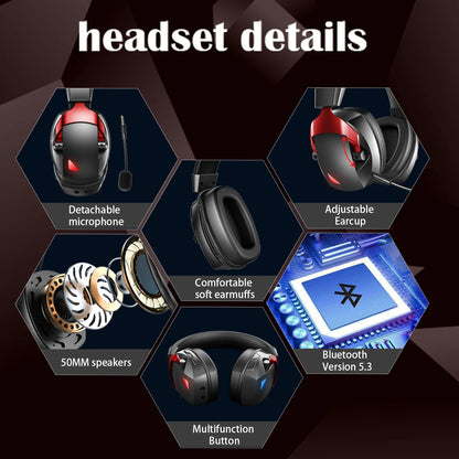 Wireless Gaming Headset with Detachable Noise Cancelling Microphone – 2.4G Wireless, Bluetooth 5.3 & 3.5mm Wired Gaming Headphones for PS5, PC, Xbox, Mobile