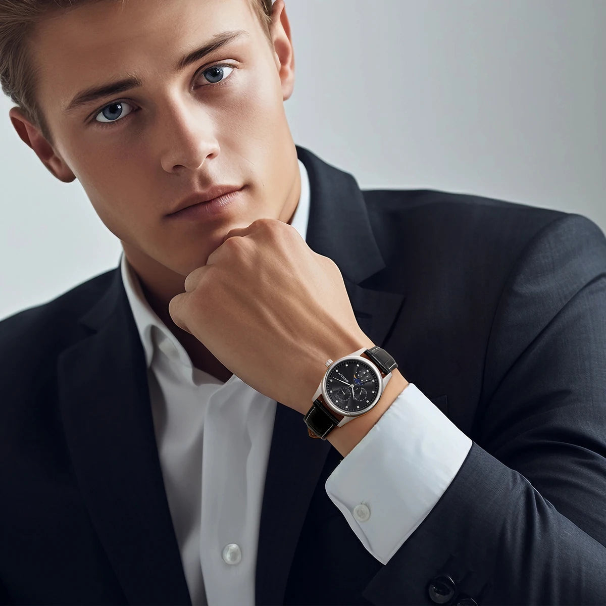 BERNY Men Watch Date Weeks Moon Phase Quartz Watches for Men Stainless Steel Leather Strap Business Wristwatch Male Clock