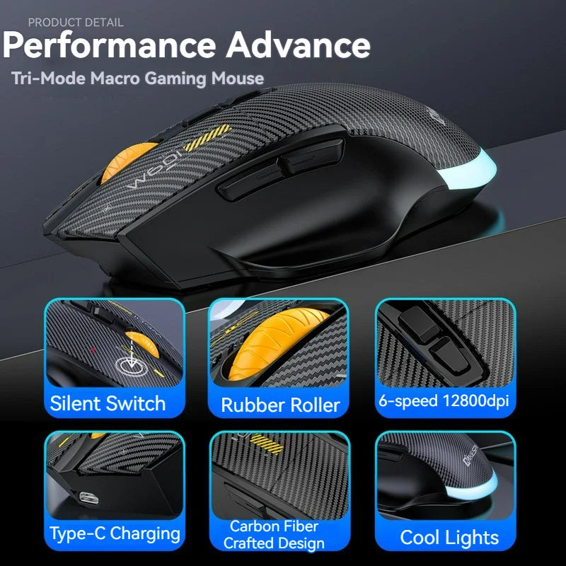 12800DPI Tri-Mode Wireless Gaming Mouse with Bluetooth, 2.4G & Wired Connection, Macro Programming, Carbon Fiber Design, 7 Keys Rechargeable Mouse