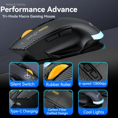 12800DPI Tri-Mode Wireless Gaming Mouse with Bluetooth, 2.4G & Wired Connection, Macro Programming, Carbon Fiber Design, 7 Keys Rechargeable Mouse