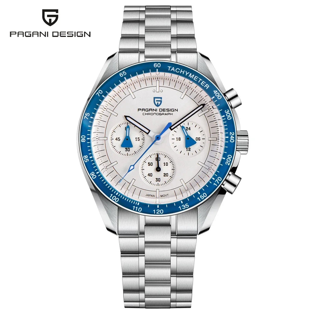 Zegarek męski PAGANI DESIGN „New Moon” – luksusowy zegarek kwarcowy, chronograf, szkło szafirowe z powłoką antyrefleksyjną, ceramiczna ramka, świecące wskazówki