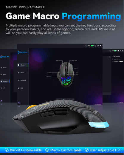 12800DPI Tri-Mode Wireless Gaming Mouse with Bluetooth, 2.4G & Wired Connection, Macro Programming, Carbon Fiber Design, 7 Keys Rechargeable Mouse