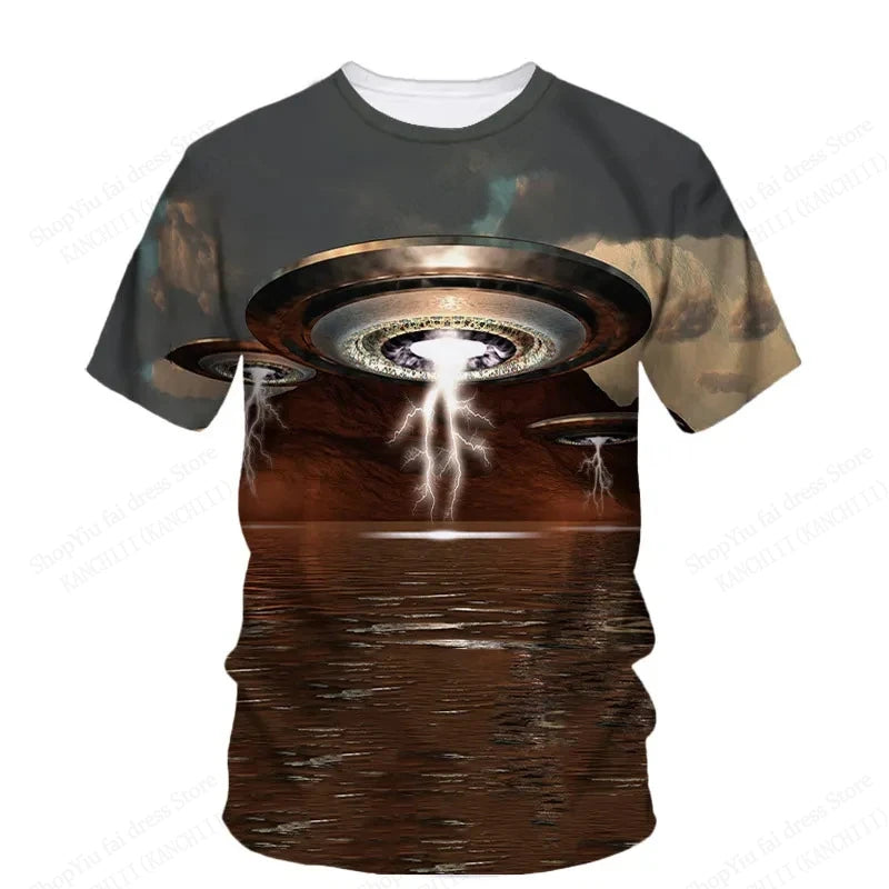 Summer UFO Alien 3d Print T-shirt Men Fashion Casual O-Neck Short Sleeve Tshirt Funny Mysterious Spaceship Tops Tees Men Clothes