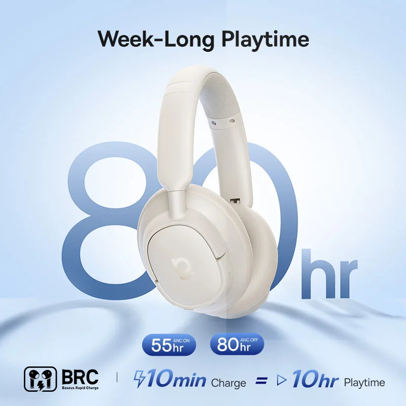 Baseus Bass EH10 NC Noise Cancelling Wireless Headphones Bluetooth 6.0 Over Ear Headset with 45dB ANC, 80H Battery, Hi-Res Audio & AI Calls
