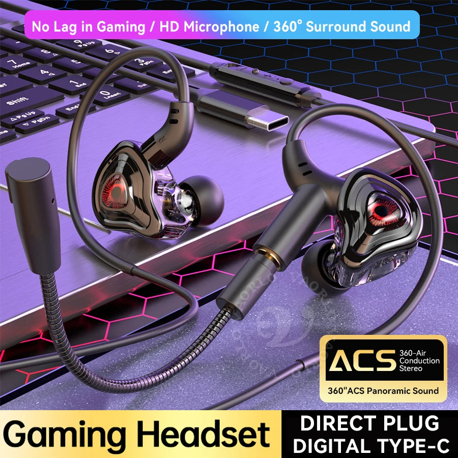 VAORLO 360° Surround Sound E-Sports Gaming Headset Wired Earphones with Dual Mic, HiFi Stereo Gaming Headphones, Type-C 3.5mm USB Low Latency PUBG Gaming Earbuds