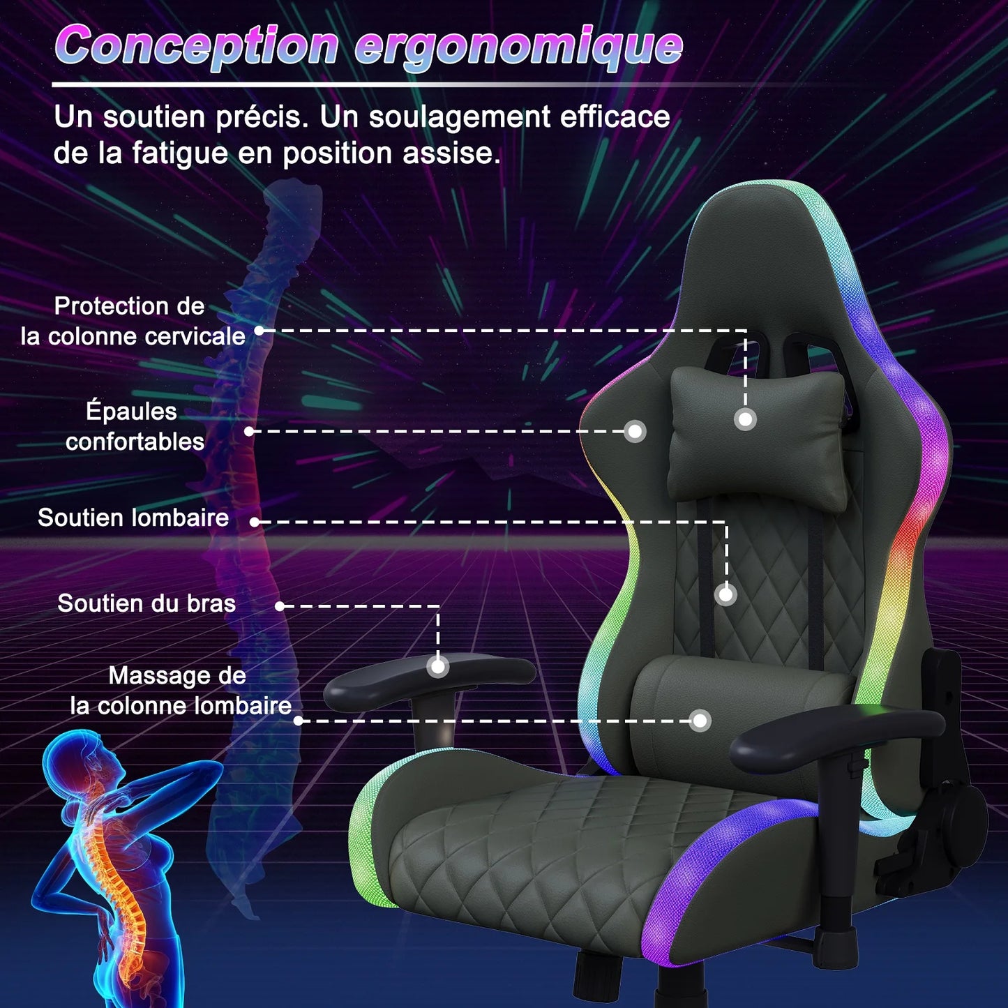 LED Gaming Chair Ergonomic Office Chair with Adjustable Backrest, PU Leather Computer Chair with Lumbar Support Cushion, Footrest & Headrest