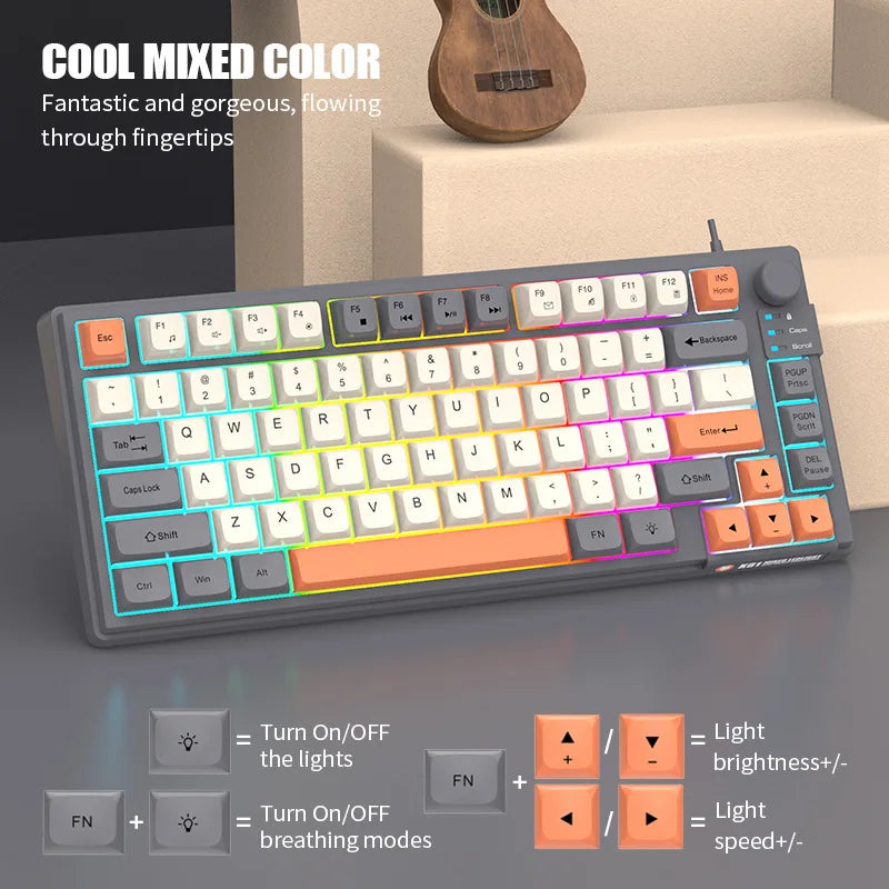 K81 Gaming Keyboard 81-Key 80% Wired RGB Gaming Keyboard with Volume Knob, Ergonomic USB Gaming Keyboard for PC, Laptop, Mac & Multi-Language Layouts