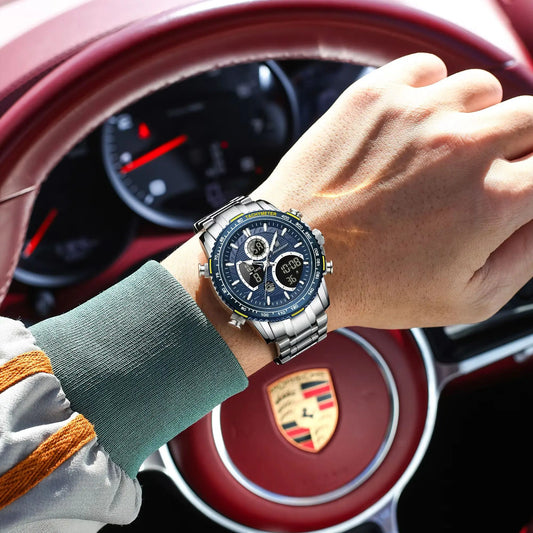 Montre pour homme POEDAGAR : montre à quartz tendance, étanche, avec affichage LED, double fuseau horaire et boîtier en acier inoxydable – une montre numérique de luxe pour homme.
