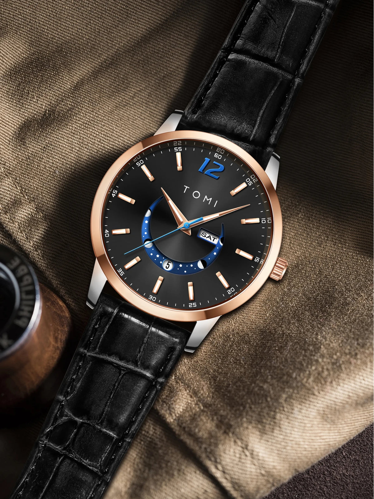 TOMI quartz watch, business-style and elegant, with a leather strap, alloy case and analogue dial – High-end design, a gift idea for men