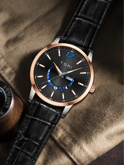 TOMI quartz watch, business-style and elegant, with a leather strap, alloy case and analogue dial – High-end design, a gift idea for men