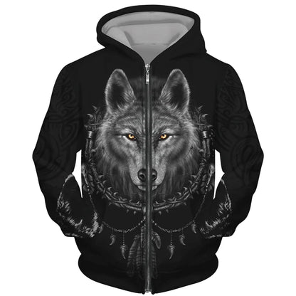 Sweat à capuz com fecho e estampado 3D de lobo, estilo streetwear, para homem/mulher, casaco com capuz unissexo casual hip-hop